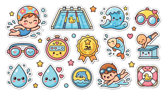 A collection of cute, kawaii-style cartoon illustrations depicting various aspects of swimming and aquatic activities.