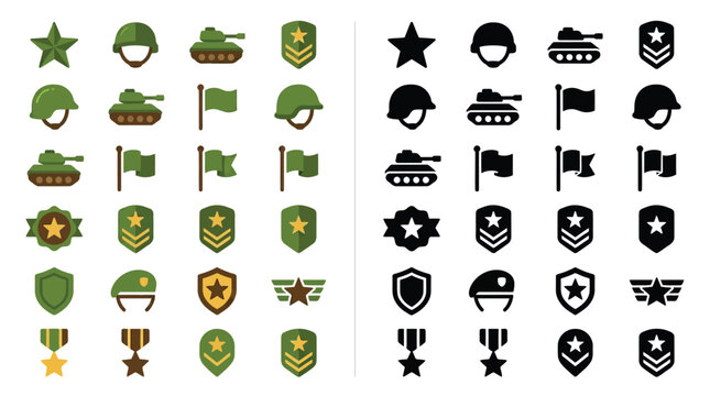 Collection of military-themed icons in both color and silhouette, featuring tanks, helmets, flags, badges, and medals.