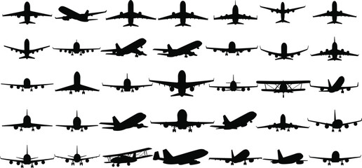 Large collection of airplane silhouettes with commercial jets, private planes, and biplanes isolated on white background for aviation design projects © Mou