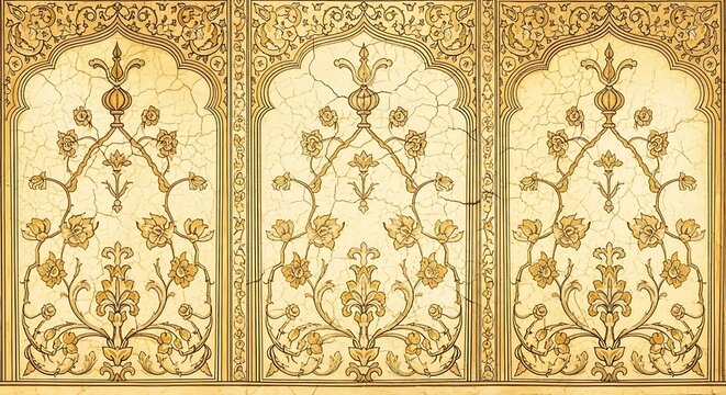 Ornate carved architectural panel with repeating floral motifs architectural repeating traditional decoration.