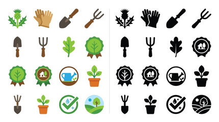 Collection of gardening and nature-related icons presented in both color and monochrome versions, featuring tools, plants, and environmental symbols. © Feldway
