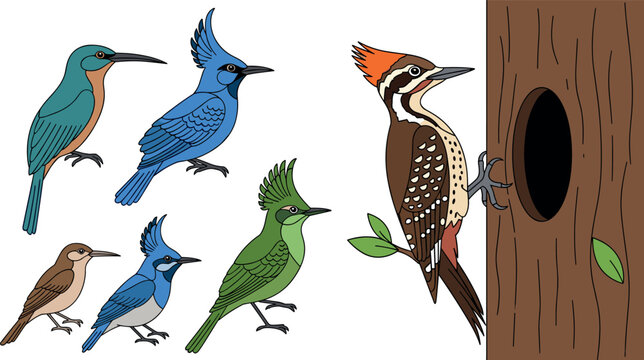 Woodpecker bird illustration set with colorful species and tree trunk nesting scene wildlife vector collection isolated background