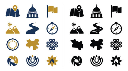 Collection of 16 diverse icons representing travel, geography, and abstract concepts, presented in both blue and gold, and black and white color schemes. © Feldway
