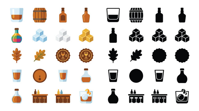 Collection of Icons Representing Whiskey and Bar Elements, Featuring Bottles, Glasses, Barrels, Ice Cubes, and Bar Counter Scenes.