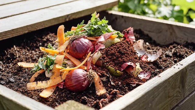 Organic composting process, pouring vegetable scraps and coffee grounds into compost bin with worms, symbolizing sustainability and garden enrichment, close-up