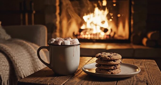 Cozy indoor scene featuring a mug of hot chocolate with marshmallows and cookies, warm fire