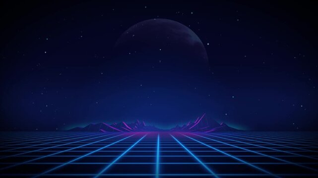A futuristic grid landscape under a starry sky with a giant planet above.