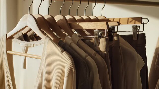 Minimalist wardrobe rack with neutral colored clothing gently swaying, hand selects garment, symbolizing curated style, effortless fashion choices, and personalized