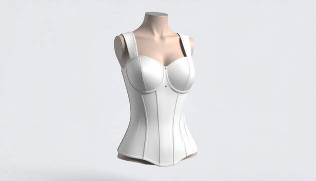 White bustier on a mannequin, front view, simple background
