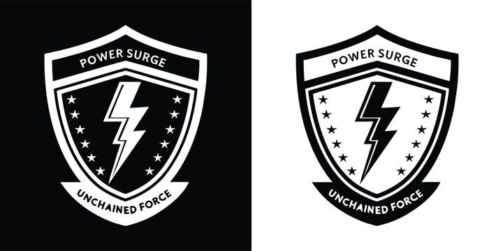 A bold monochrome emblem featuring a prominent lightning bolt with stars, encapsulating powerful themes of energy and strength, ideal for branding.