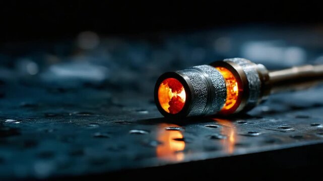 Glowing Heat Pipe: Close-up of an industrial heat pipe, with its internal components aglow, set against a backdrop of textured metal, showcasing the essence of thermal technology and engineering.