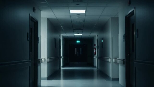 A long, dimly lit hospital corridor with doors on both sides, creating a mysterious and somewhat unsettling atmosphere.