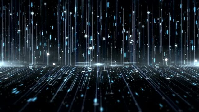 Abstract digital technology video with flowing code, letters, and financial network connections.