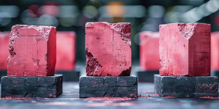 Weathered Red Bricks on Dark Base in Row