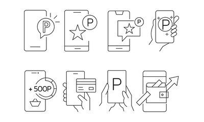 Fototapeta premium Mobile payment and loyalty reward points icons featuring smartphone wallet credit card and point earning.Editable stroke, Vector illustration, Line art Icon, Symbols. 