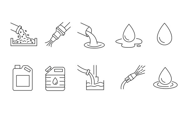 Liquid concrete pouring and chemical additive icons showing cement flow nozzle and industrial containers.Editable stroke, Vector illustration, Line art Icon, Symbols.	