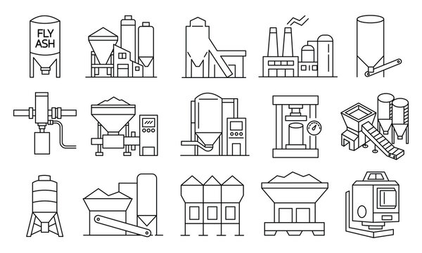 Industrial concrete plant and cement factory icons including fly ash silo storage and production machinery.Editable stroke, Vector illustration, Line art Icon, Symbols.	