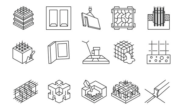 Concrete construction icons set featuring rebar reinforcement cement pouring foundation and building process.Editable stroke, Vector illustration, Line art Icon, Symbols.	