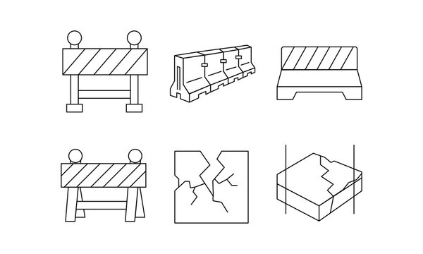 Traffic road barrier icons and cracked concrete slab showing construction safety and structural damage.Editable stroke, Vector illustration, Line art Icon, Symbols.	