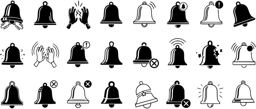 Comprehensive vector set of bell icons for notifications, alarms, and alerts. Includes ringing, silent, new message, disabled, and attention symbols in black and white styles.