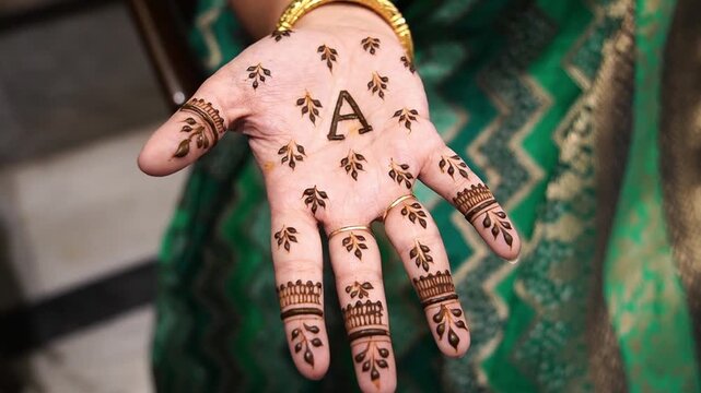 Young Indian woman showcasing intricate traditional henna Mehendi designs on her palms during a wedding celebration.