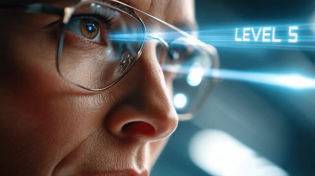 Vision of Level 5: Close-up of a person wearing glasses with 'Level 5' digitally projected over the eyes, signifying advanced focus or technological insight.