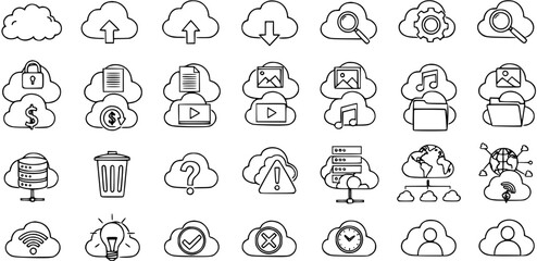 Fototapeta premium Cloud Computing Line Icons Set: Data Storage, Networking, Security, Upload, Download, and Web Services Technology Symbols Collection
