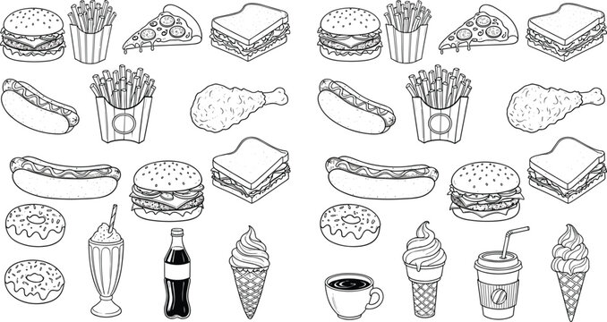 Hand drawn fast food doodle pattern vector illustration featuring burger, fries, pizza, hotdog, sandwich, soda, coffee and dessert elements isolated set