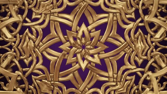 Intricate golden Celtic knot pattern with a star shape forming in the center, elegant symmetrical design on a dark purple background, luxurious ornate textile