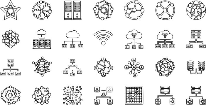 Networking and Data Technology Outline Icons Set: Cloud Computing, Servers, Databases, Connections, Wi-Fi, and Abstract Network Structures