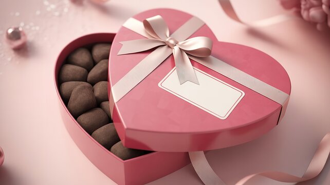 Pink heart shaped chocolate gift box with ribbon and tag