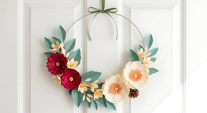 Paper flower wreath on white door with green bow