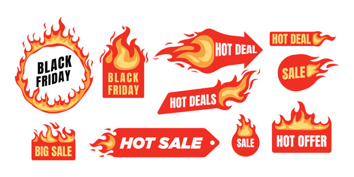 Hot Sale and Black Friday Fire Labels Set &ndash; Flaming Discount Badges, Hot Deal Tags and Promotional Sale Graphics.