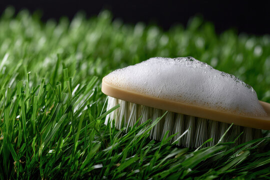 Wooden brush with white soap foam resting on vibrant green grass outdoors symbolizing peaceful eco friendly cleaning in refreshing pure nature environment