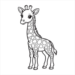 Fototapeta premium Minimalist black white giraffe animal vector line art, Cute giraffe line art, cartoon animal outline illustration isolated on white background