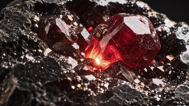 Red crystal gemstone inside rough stone showing sparkling details