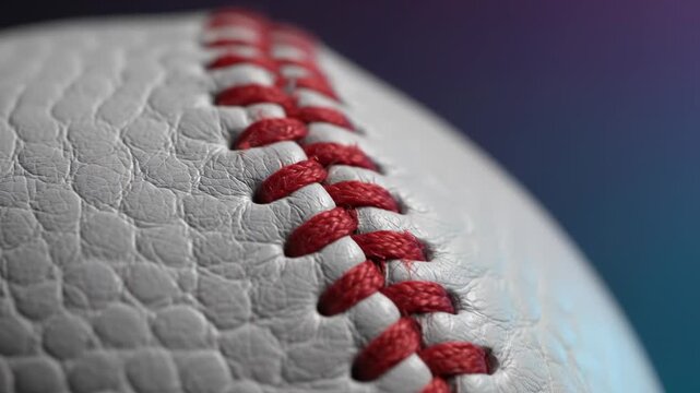 Extreme closeup of a baseball seam with red stitching on textured white leather, showing detail and texture, sports equipment, game preparation