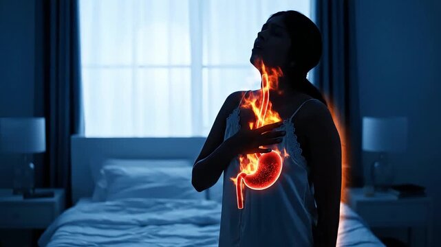 Woman suffering from severe acid reflux or heartburn, depicted with a burning sensation in her chest and stomach, in a dark bedroom at night.
