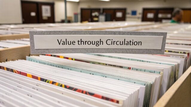 Value through Circulation in a Library Setting with Organized Archive Files and Colorful Document Collections on Display