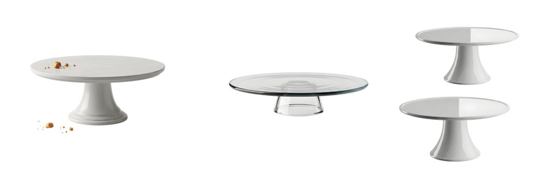 Four white cake stands on a transparent background for baking and dessert display