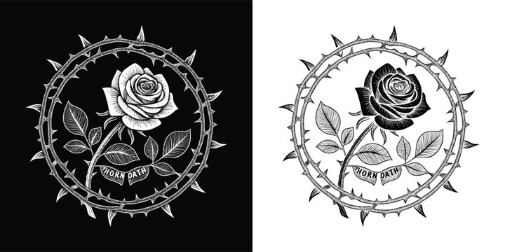 Hand drawn vintage style rose flower with leaves inside a thorny wreath circle illustration, presented in both black and white versions.