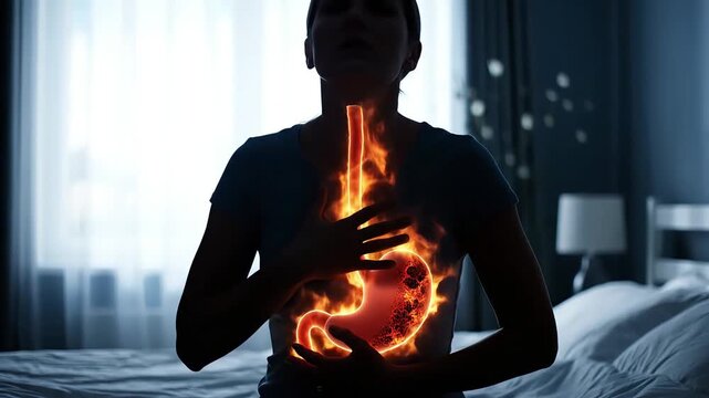 A person experiencing severe acid reflux or heartburn with a fiery stomach and esophagus in a dimly lit room.