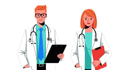 Fototapeta premium Medical professionals, doctors, healthcare workers, vector illustrations, white coats, stethoscopes, clipboard, red clipboard, male doctor, female doctor