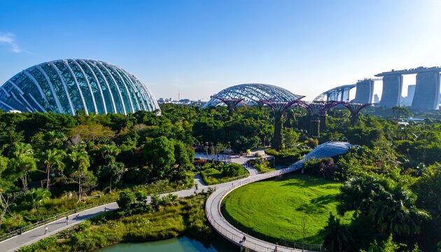 Gardens by the Bay and Marina Bay Sands in Singapore, a stunning modern cityscape with lush greenery and iconic architecture.