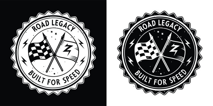 Vintage racing emblem with crossed checkered and lightning flags, stars, and bold text 'Road Legacy Built For Speed' in a circular design.