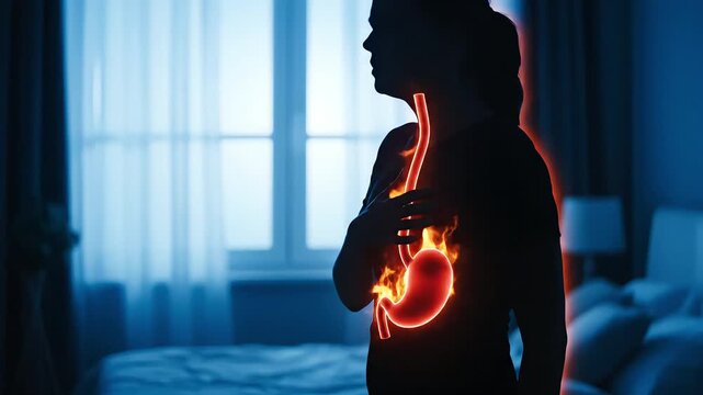 Silhouette of a woman experiencing severe acid reflux or heartburn, with glowing internal organs indicating pain.