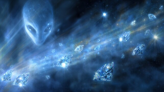 Alien head framed in luminous cosmic nebula with glowing crystals