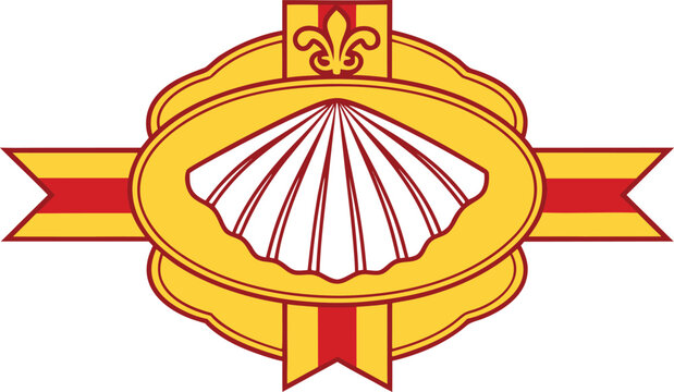 Golden scallop shell badge with red cross and yellow rays 1
