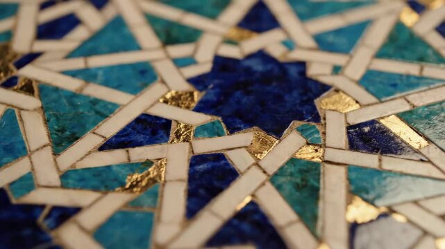 Intricate geometric mosaic pattern with lapis lazuli and turquoise tesserae, detailed arabesque design, rich cultural heritage