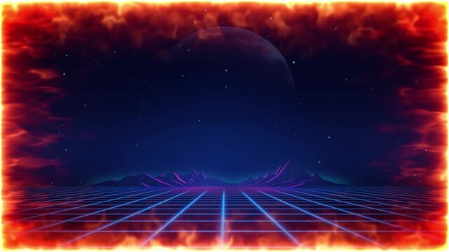 An fiery border frames a cosmic scene of a digital grid, stars, and floating hearts.